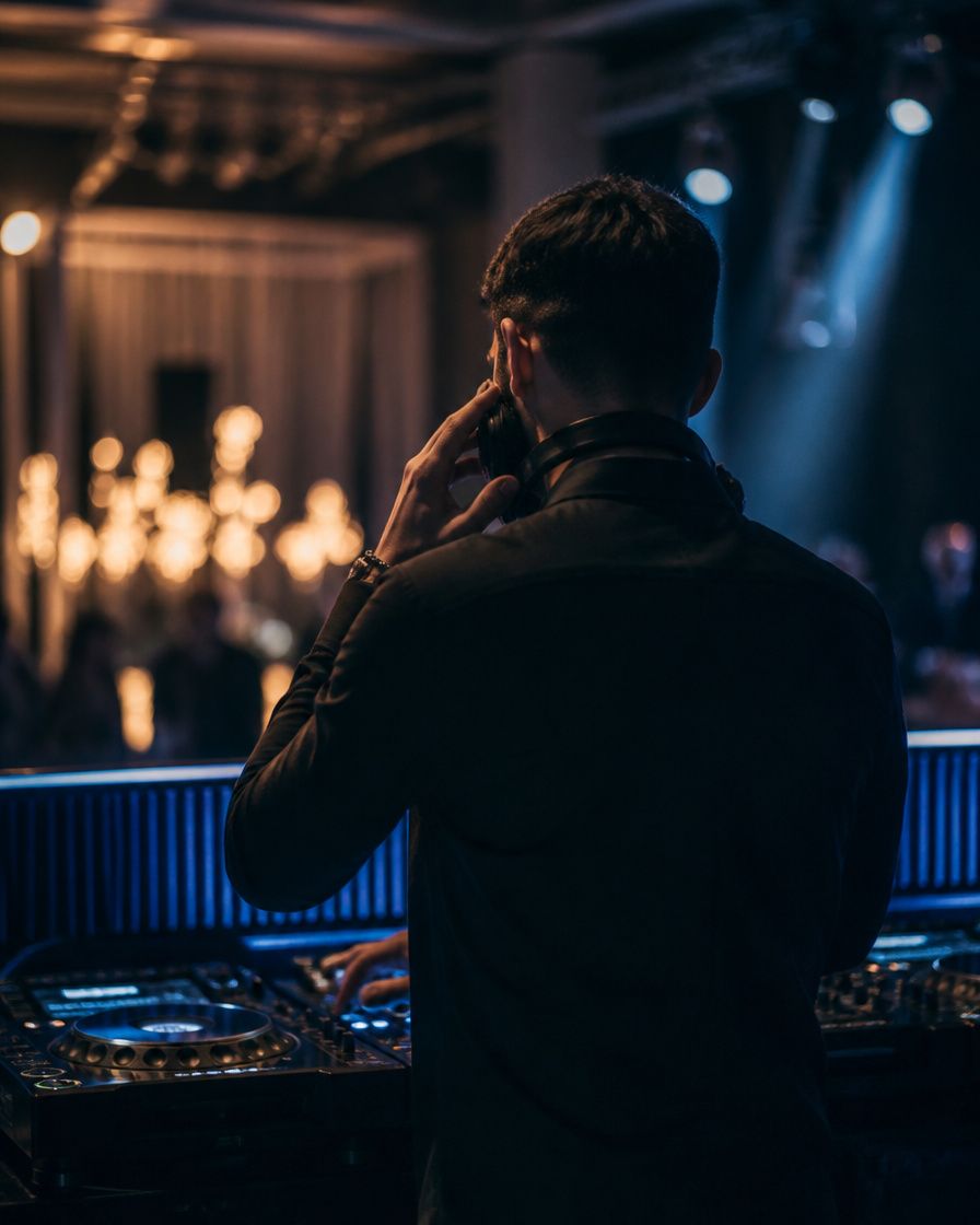 DJ operating a professional console at a dimly lit venue with stage lights