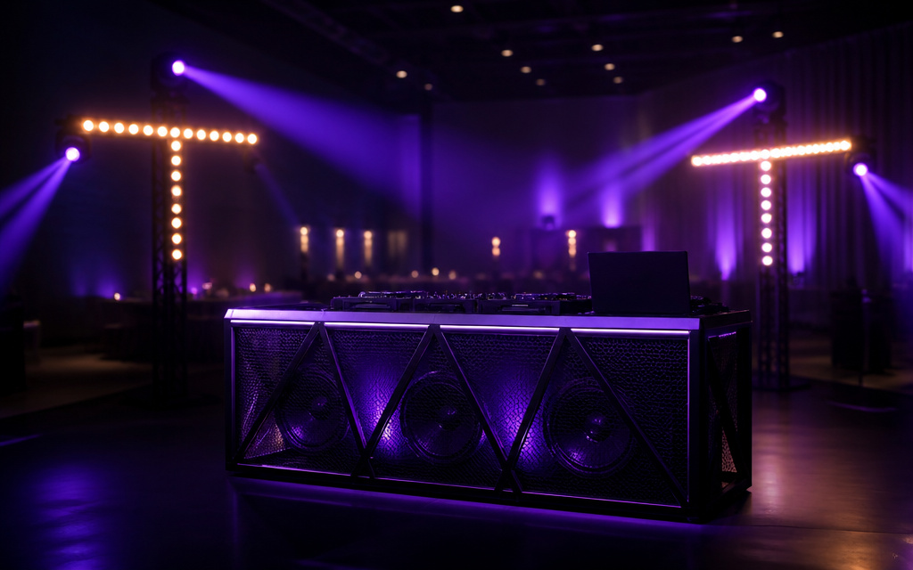 Purim Party with F.s Athletix: High-octane holiday event featuring a custom triple-bass ARAMIN booth and dual T-bar light