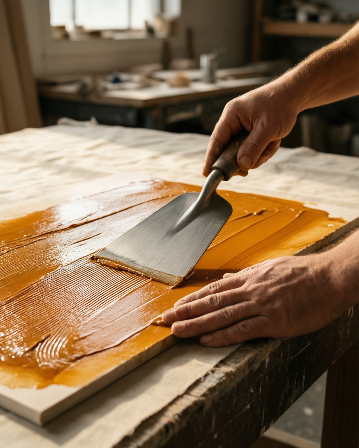 Craftsperson applying smooth decorative amber glaze across an interior sample panel