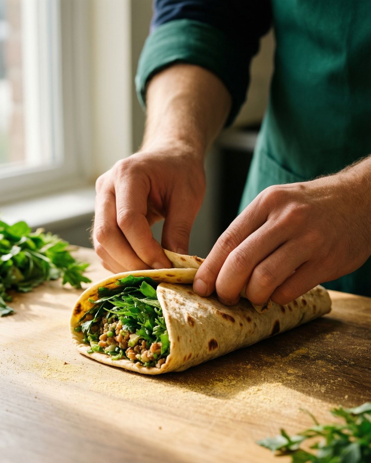 Freshly rolled Afghan flatbread wrap prepared on butcher paper with herbs.