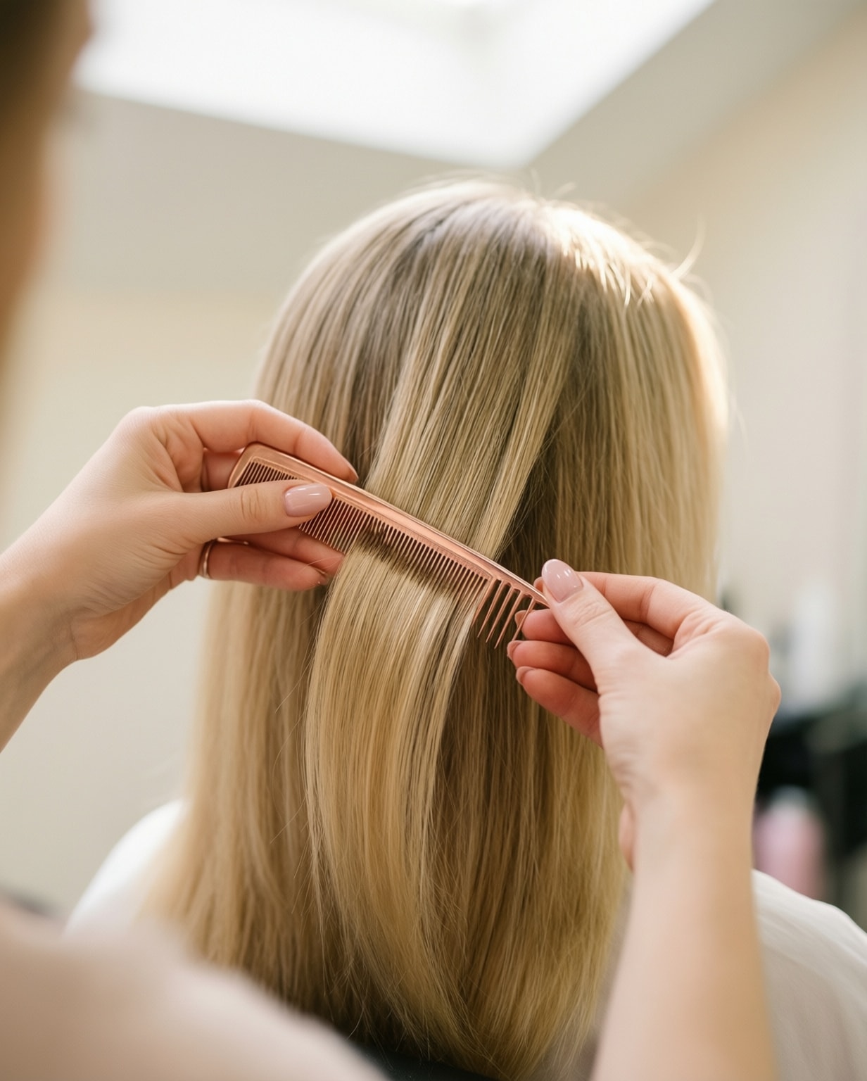 Stylist carefully sectioning hair with a rose gold comb in soft light